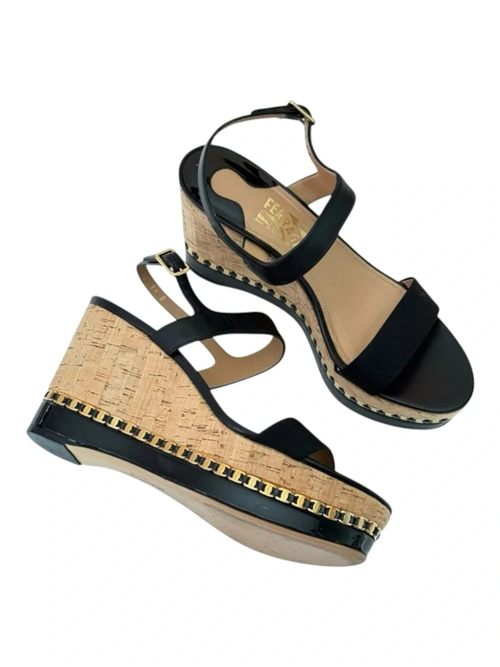 Salvatore Ferragamo ꔘ Mollie Chain Platform Wedge Sandals ꔘ Black Leather ꔘ 9.5B